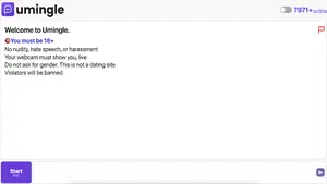 Umingle chat rules screen with 18 plus requirement and Start button