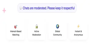 Umingle feature cards: interest matching, moderation, global community, anonymous chat