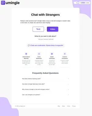 Umingle landing page with Text and Video start buttons and feature cards